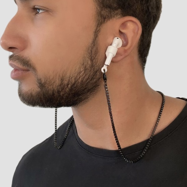 Chaîne 3-en-1 : Chaîne AirPods + Chaîne lunettes + Collier - Acier inoxydable laqué noir, Collier AirPods, Bijou AirPods, Collier écouteurs