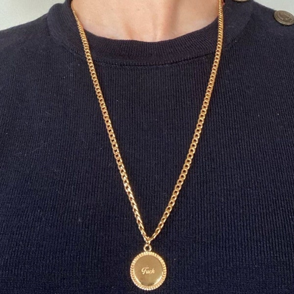 Necklace with medallion - Stainless steel, 18k gold plated necklace, 18K gold plated medallion, curb chain, Necklace with round pendant