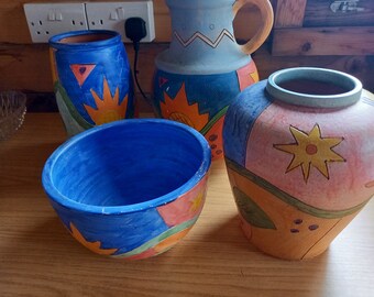 4 x Vintage Rustic Hand Painted terracotta Jug, vases + bowl - Portugal Pottery