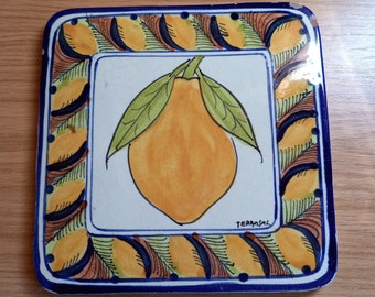 Vintage retro, square earthenware Lemons trivet, cooking pot stand - Italy?