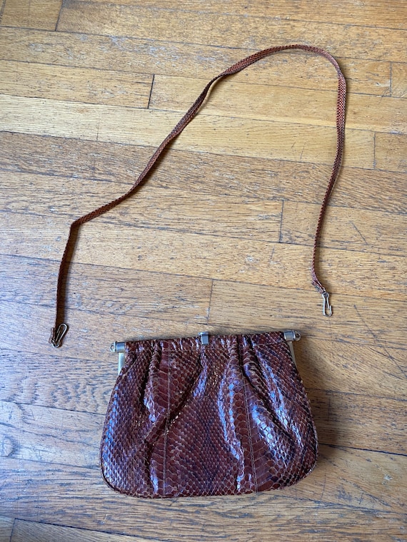 Vintage Brown Snakeskin Convertible Crossbody Clu… - image 2