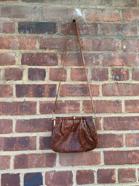 Vintage Brown Snakeskin Convertible Crossbody Clu… - image 1