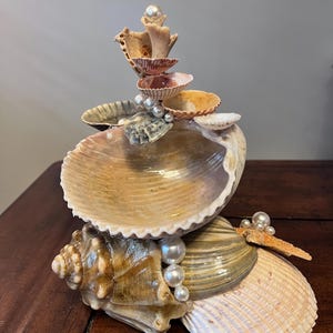 May include: A decorative sculpture constructed from various natural seashells arranged in a tiered formation. The structure features a large, open bivalve shell at the centre, accented with white spherical pearls and smaller shells stacked vertically.