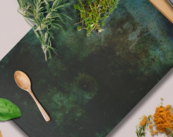 Fossil Look Glass Cutting Board: Deep Green & Blue Kitchen Decor
