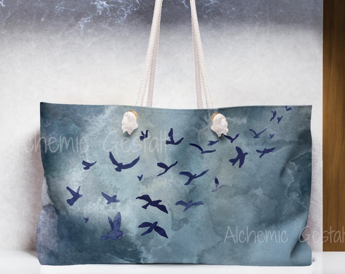 Featured listing image: Serene Blue Birds Weekender Bag, Travel Tote, Beach Bag, Weekend Getaway, Mother's Day Gift, Gym Bag, Stylish Luggage