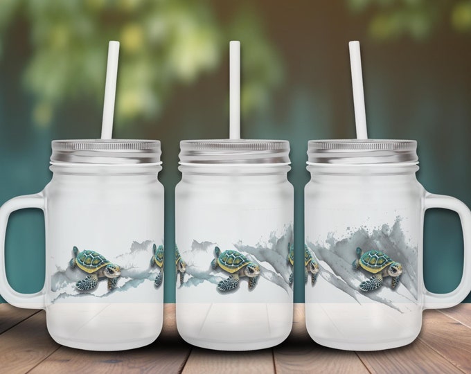 Featured listing image: Turtle Design Mason Jar with Straw, Ocean-Themed Drinkware, Cute Tumbler for Beach Lovers, Summer Party Favor, Eco-Friendly Gift