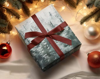May include: A present wrapped in forest-patterned paper, tied with a burgundy ribbon. Christmas baubles and fir branches surround the gift, with fairy lights in the background.