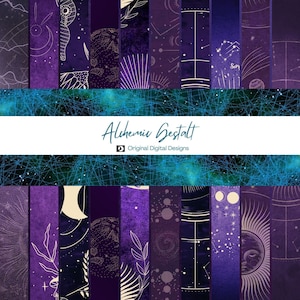 Pode incluir: Um conjunto de 16 papéis digitais com um tema celestial com constelações, estrelas, luas e planetas em ouro e branco sobre um fundo roxo escuro. O texto "Alchemic Gestalt" e "Original Digital Designs" está incluído na imagem.