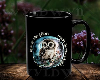 Mystic Owl Moon Mug: Black Ceramic Gothic Cottagecore Cup