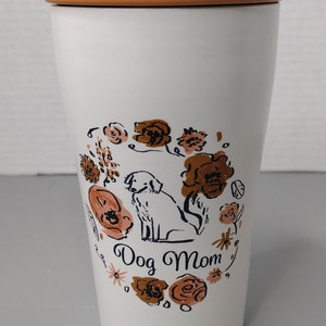 Opal-House Stoneware Dog Mom Coffee Travel Mug Cup with Lid 12 oz White/Orange