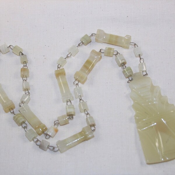 Vintage 1970's Onyx Necklace from Mexico Cream Colored Handmade Wire Wrapped Stone Chain with Large Pendant