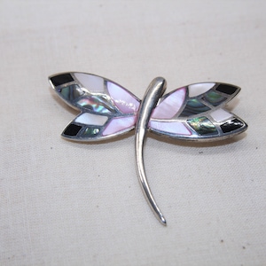 Vintage Sterling Silver Dragonfly Brooch with Black Onyx and Shell Inlay
