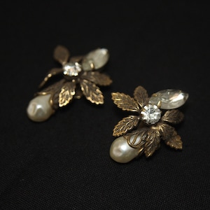 Vintage Cluster Brass Faux Baroque Pearl and Rhinestone Earrings