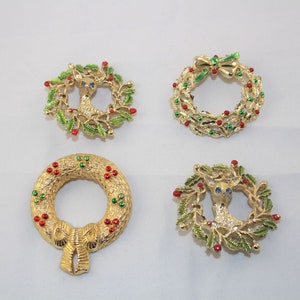 Vintage Gerry&#39;s Christmas Wreath Brooches Sold Individually Holiday Themed Gold Tones With Red and Green Enamel and Rhinestones