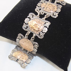 Sterling Silver Mexico Linked Bracelet with Gold-Filled Crest Medallions Including Warriors Mayan Calendar Eagle Hallmarked Numbered