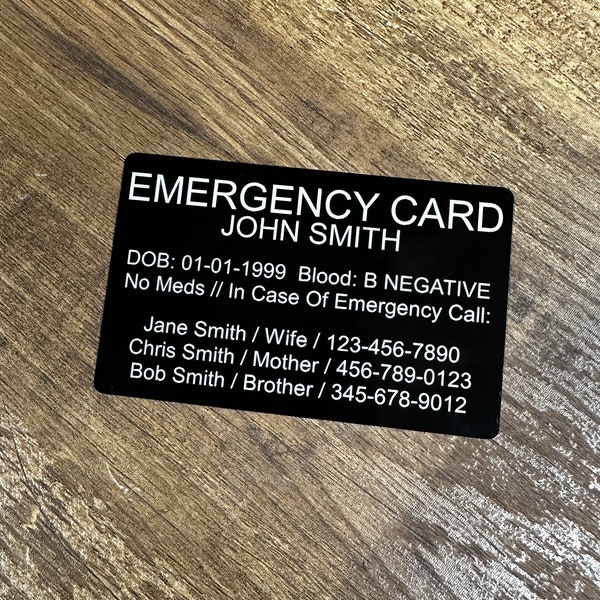 Metal Emergency Card/Medical Alert Wallet Card - Laser Engraved Anodized Aluminum - FREE SHIPPING! Will Not Rust, Crack, Break!