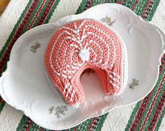 Crochet Salmon Steak for kids kitchen. Handmade cotton Montessori toy for creative play at home. Unique birthday and Christmas gift.