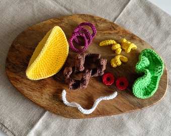 Crochet Taco Shell with Filling. Handmade cotton pretend play toys for your child’s kitchen and playroom. Unique Christmas gift.