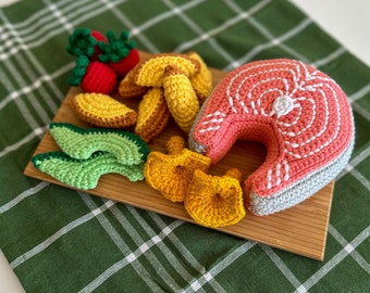 Crochet Play Food Set with Salmon Steak. Handmade cotton toys for creative play at home. Unique birthday and Christmas gift for children.