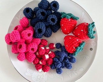 Crochet Mix Berries For Children’s Small Kitchen. Cotton, handmade, pretend play soft toys perfect for Montessori activities at home.