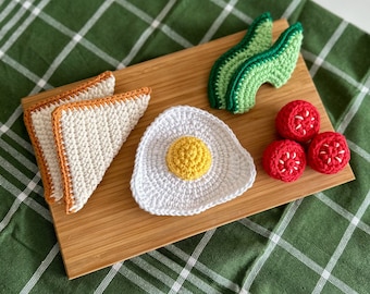 Crochet Healthy Breakfast for children to play. Unique birthday and Christmas gift. Handmade cotton toys for kids kitchen and pretend play.