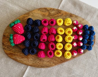 Crochet Mix Berries, set of 52 handmade pretend play toys, crochet food for kids kitchen, unique birthday and Christmas gift idea, sensory