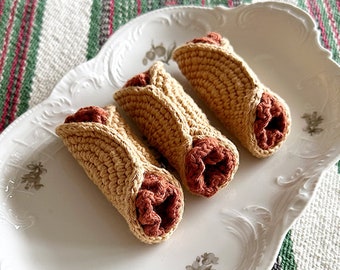 Crochet Caramel Cannoli for Montessori activities, Handmade pretend play toy for kid’s kitchen and playroom, Cute Christmas gift idea.