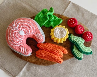 Crochet Salmon Steak with Vegetables. Handmade cotton play food set for children. Unique birthday and Christmas gift idea. Pretend play toys