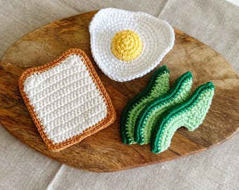 Crochet Avocado Toast with Fried Egg. Handmade cotton Montessori toys for creative play at home. Unique birthday and Christmas gift.