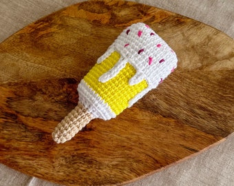 Crochet Lemon Ice Cream for kids playroom. Handmade cotton toy for creative play at home. Unique birthday present and Christmas gift.