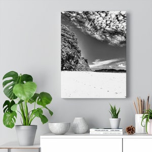 May include: Black and white photograph of a rocky cliff on a beach with a cloudy sky. The beach is covered in white sand.