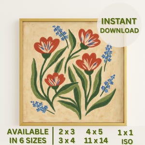 Southern Floral Wall Art: Grandmillennial Blue Botanical Print Digital Download