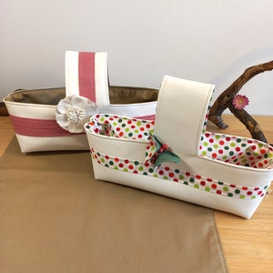 Large utensil in the shape of a basket made of white faux leather, decoration for spring or as a gift for Mother&#39;s Day or as a guest gift
