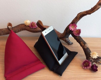 Bean bag, seat cushion for phone and tablet, decorative holder for electronic devices.