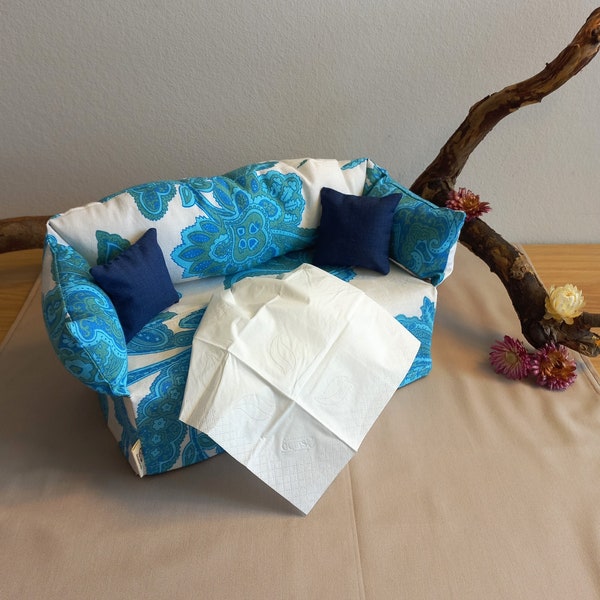 Umhüllung für Kosmetiktücherbox,  Taschentücher-Sofa in blau weiß mit Blumenmuster, Dekoration mit Blickfanggarantie, Geschenk zu Muttertag