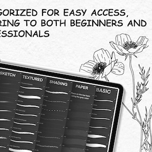 May include: A digital tablet screen displaying a variety of brush strokes categorized by type: Micron, Sketch, Textured, Shading, Paper, and Basic. The brush strokes are white on a black background. The text "CATEGORIZED FOR EASY ACCESS, CATERING TO BOTH BEGINNERS AND PROFESSIONALS" is at the top of the image.