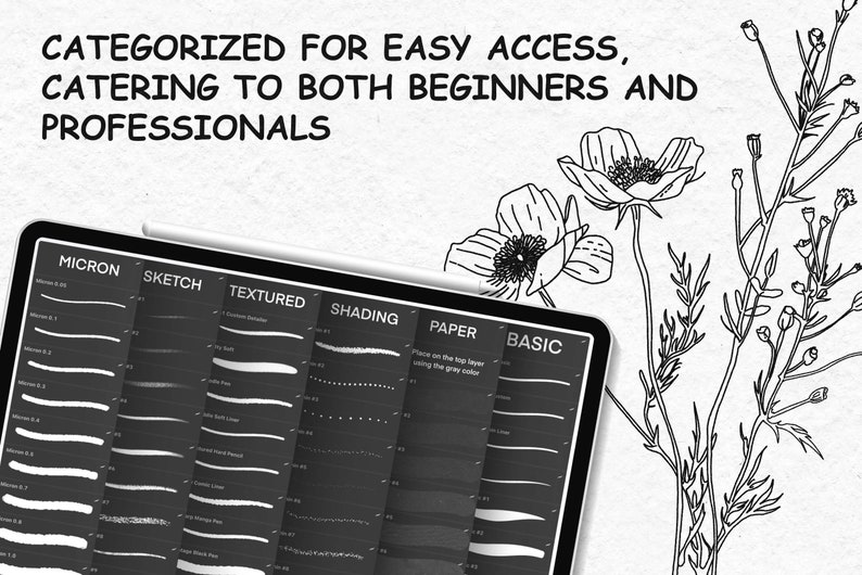 May include: A digital tablet screen displaying a variety of brush strokes categorized by type: Micron, Sketch, Textured, Shading, Paper, and Basic. The brush strokes are white on a black background. The text "CATEGORIZED FOR EASY ACCESS, CATERING TO BOTH BEGINNERS AND PROFESSIONALS" is at the top of the image.