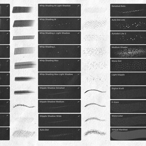 May include: A black and white image displaying a range of brush strokes and textures. The image is split into three columns, with each column showcasing a different type of brush stroke. The first column features a variety of stipple brush strokes, the second column features a variety of whip shading brush strokes, and the third column features a variety of other brush strokes, including detailed dots, auto dot lite, auto dot lite 2, medium shader, mono dot, light stipple, digital kraft, e-nen, watercolour, and virtual marbled.