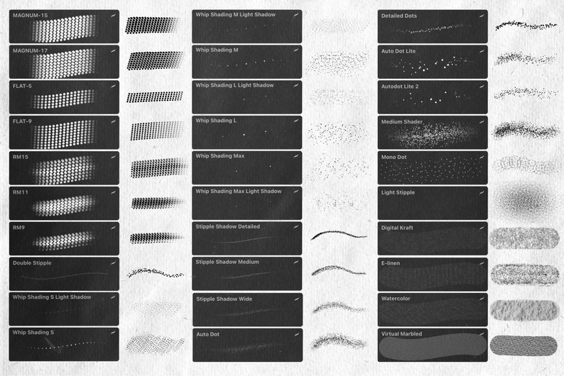 May include: A black and white image displaying a range of brush strokes and textures. The image is split into three columns, with each column showcasing a different type of brush stroke. The first column features a variety of stipple brush strokes, the second column features a variety of whip shading brush strokes, and the third column features a variety of other brush strokes, including detailed dots, auto dot lite, auto dot lite 2, medium shader, mono dot, light stipple, digital kraft, e-nen, watercolour, and virtual marbled.