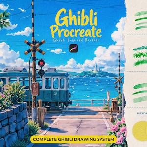 Op de afbeelding: Een digitale kunstset genaamd Ghibli Procreate met 200 tools, waaronder tekenborstels, natuur- en omgevingstexturen, aquarel- en mengborstels, en papiertexturen, weergegeven naast een illustratie van een trein langs de kust.