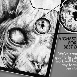 May include: Close-up of a black and white illustration of a cat's eye. The illustration is made up of small dots, creating a stippled effect. The text "HIGHEST QUALITY FOR THE BEST DETAILS" is visible in the lower right corner of the image. We've created high quality brushes so your work will look great in any format and resolution.