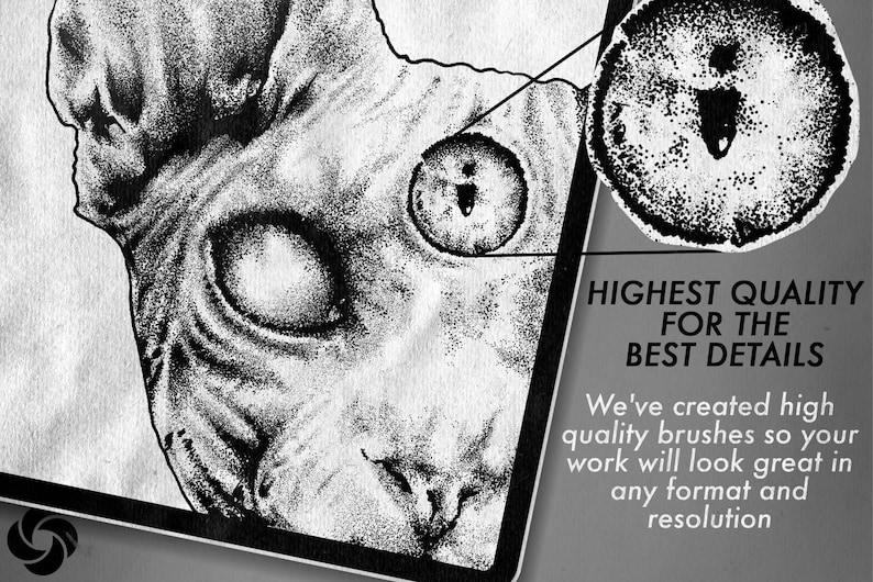 May include: Close-up of a black and white illustration of a cat's eye. The illustration is made up of small dots, creating a stippled effect. The text "HIGHEST QUALITY FOR THE BEST DETAILS" is visible in the lower right corner of the image. We've created high quality brushes so your work will look great in any format and resolution.