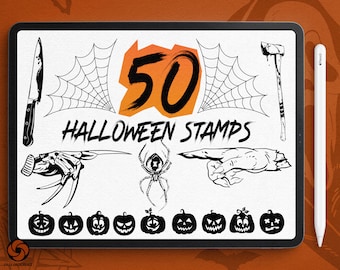 Halloween Procreate Stamps For Tattoo And Illustrations, Halloween Tattoo Brushes & Friday the 13th, Procreate Bat brushes, Ghosts Pumpkins