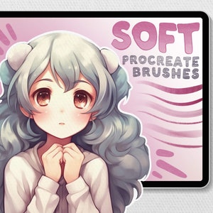 Op de afbeelding: Een digitale illustratie van een meisje met lang, krullend blauw haar, dat een witte trui draagt, op een roze achtergrond met de tekst "SOFT PROCREATE BRUSHES".