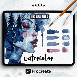 May include: Digital art design featuring a watercolor portrait on a tablet, with the text "150 BRUSHES" and "watercolor." Includes a paintbrush, stylus, and color swatches. The Procreate logo is visible.