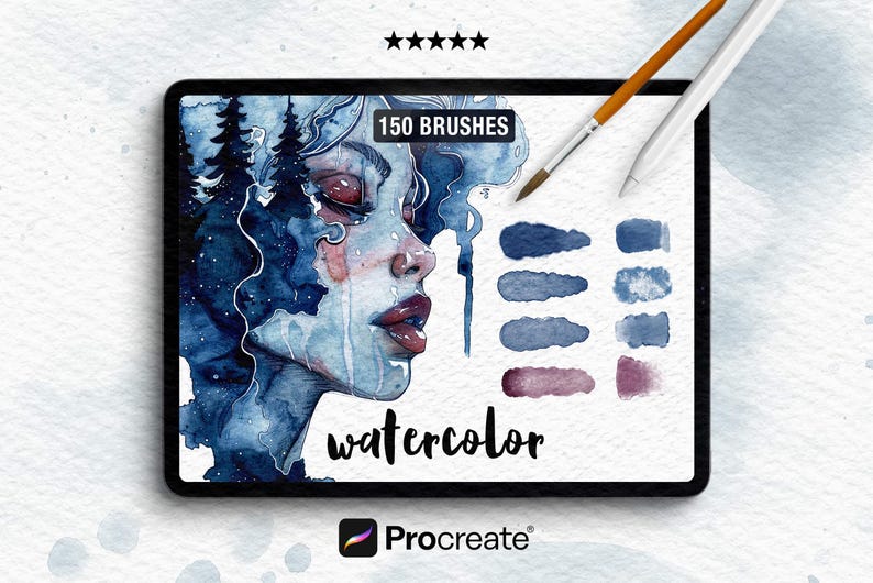 May include: Digital art design featuring a watercolor portrait on a tablet, with the text "150 BRUSHES" and "watercolor." Includes a paintbrush, stylus, and color swatches. The Procreate logo is visible.