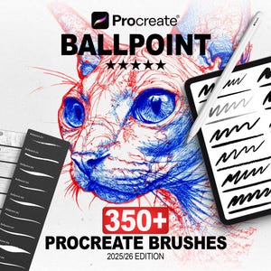 May include: Digital art brushes for Procreate, featuring a detailed illustration of a cat's face in blue and red. The image includes a tablet displaying brush strokes, a stylus, and a selection of brush sets. Text reads "BALLPOINT" and "350+ PROCREATE BRUSHES".