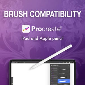May include: Image promoting Procreate app brush compatibility with iPad and Apple Pencil. The text "BRUSH COMPATIBILITY" is at the top, with the Procreate logo and text below. A white Apple Pencil hovers over an iPad displaying the brush library.