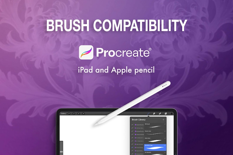 May include: Image promoting Procreate app brush compatibility with iPad and Apple Pencil. The text "BRUSH COMPATIBILITY" is at the top, with the Procreate logo and text below. A white Apple Pencil hovers over an iPad displaying the brush library.