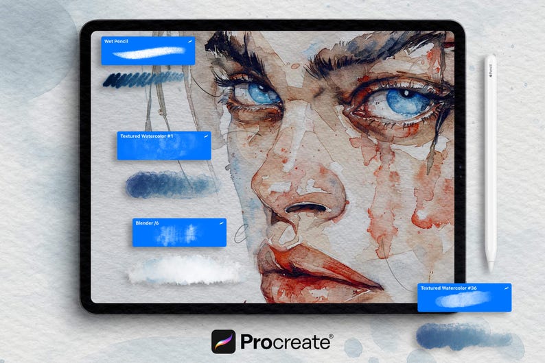 May include: Digital art on a tablet featuring a watercolor portrait with striking blue eyes and red lips. The screen displays various Procreate brushes, including "Wet Pencil" and "Textured Watercolor #1". A white stylus is placed on the right.